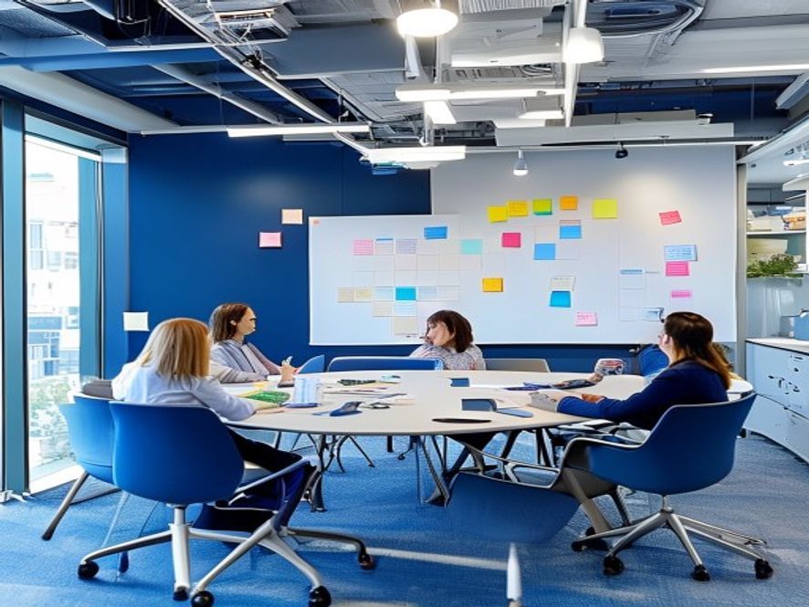 Collaborative team meeting in a modern office boardroom with whiteboard and engaged discussion